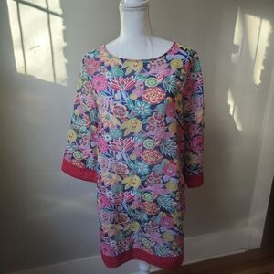 Talbots Multicolor Floral Long-Sleeve Shift Dress with Pink Trim